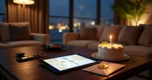 Vale-presente digital de spa aberto em tablet ao lado de mesa com bolo de aniversário sofisticado