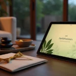 Vale-presente digital de spa exibido em tablet sobre mesa sofisticada com elementos de bem-estar