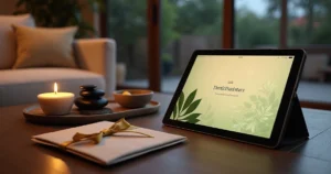 Vale-presente digital de spa exibido em tablet sobre mesa sofisticada com elementos de bem-estar