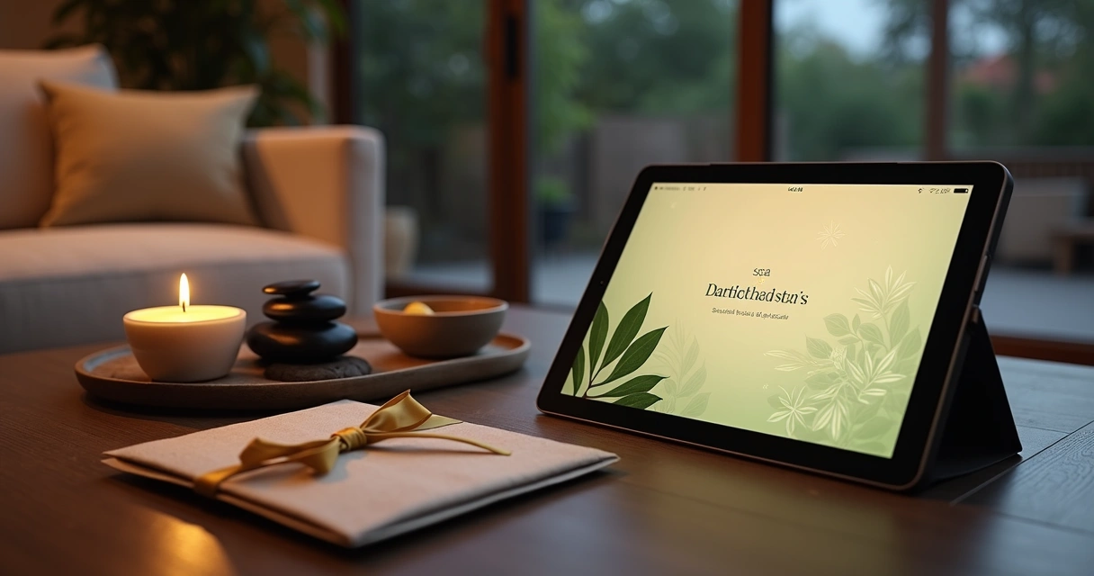 Vale-presente digital de spa exibido em tablet sobre mesa sofisticada com elementos de bem-estar