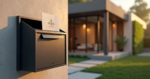 Vale-presente de spa parcialmente saindo de caixa de correio moderna em fachada elegante
